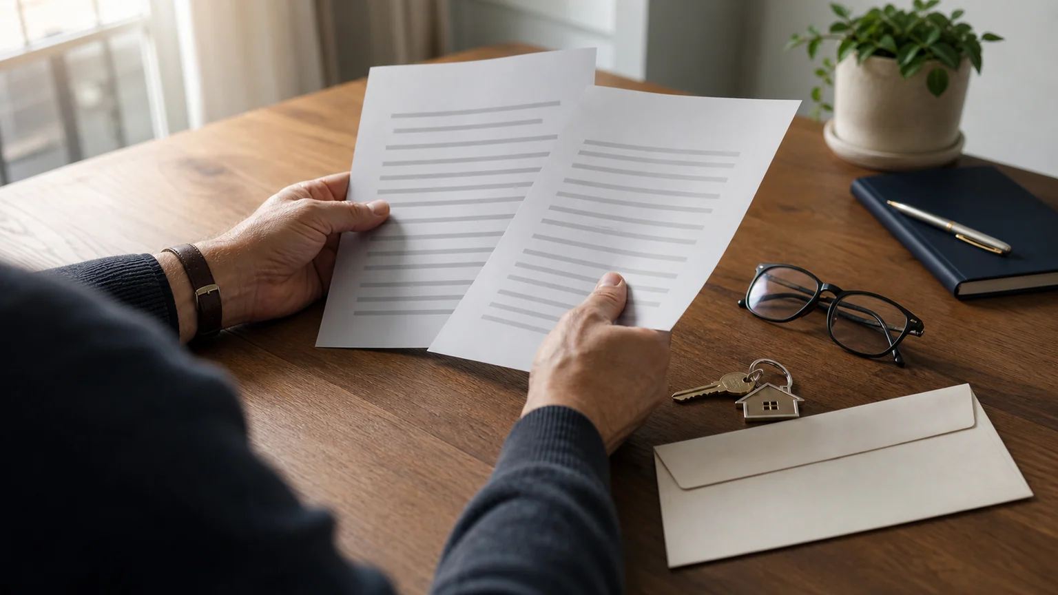 Une personne compare des documents d’assurance emprunteur près des clés de son logement.