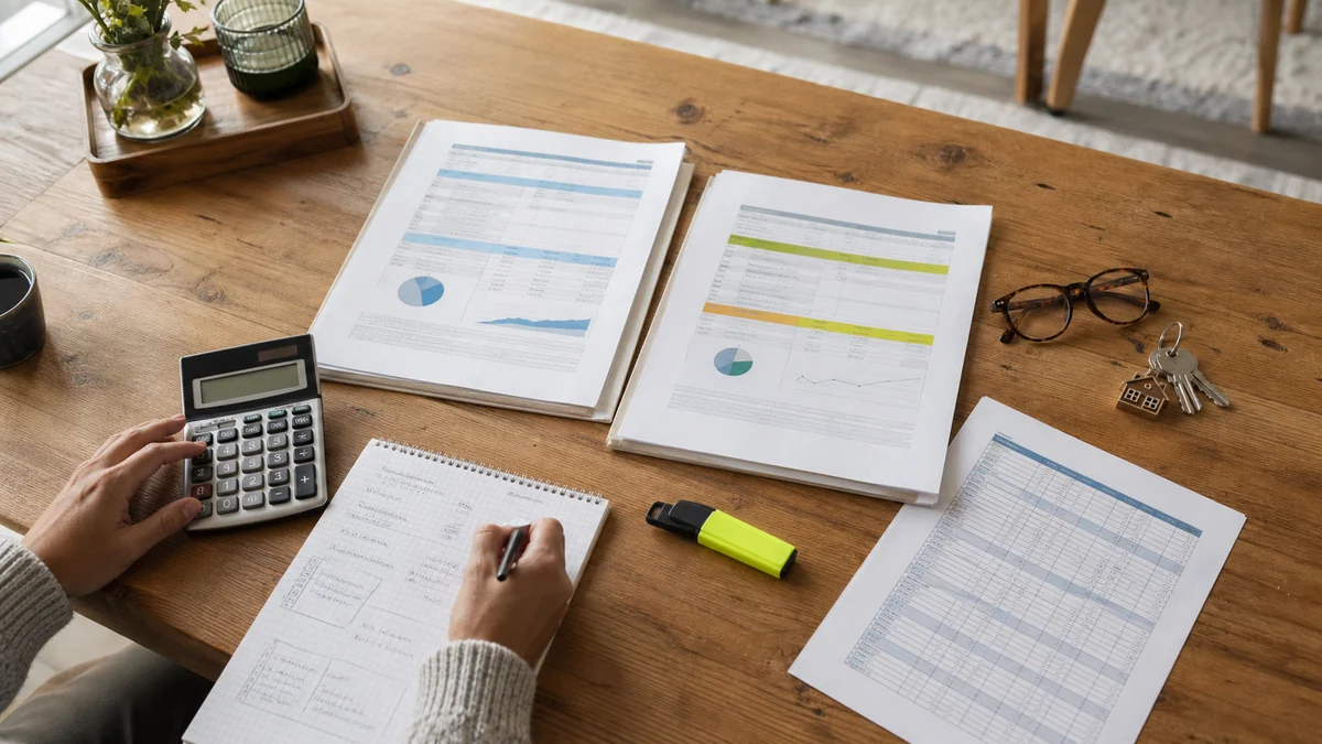 Deux offres d’assurance emprunteur sont comparées avec une calculatrice, un budget et les clés d’un logement.