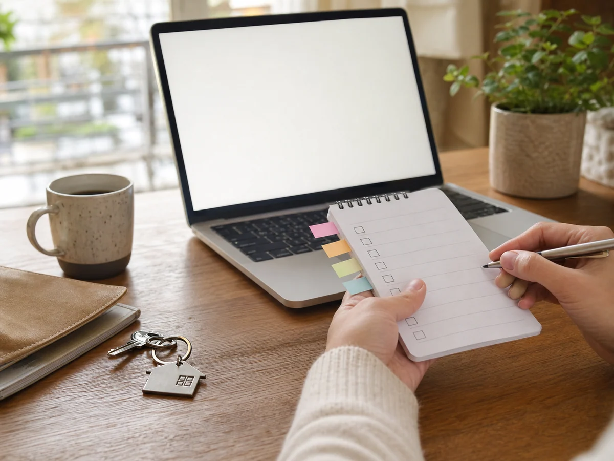 assurance emprunteur — une personne vérifie une liste de questions fréquentes sur l’assurance emprunteur près de son ordinateur.