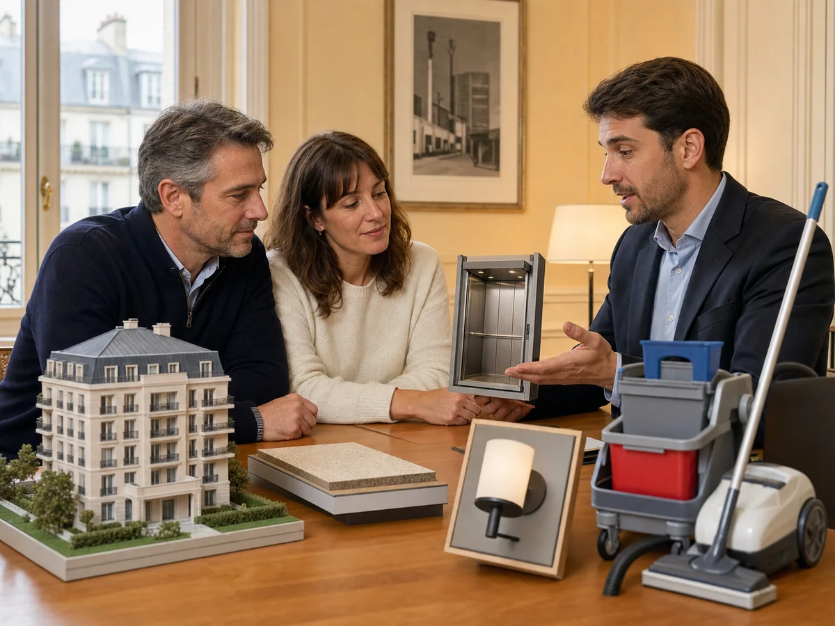 Budget et charges de copropriété, à l’étape « Ce que finance la copropriété » : la copropriété rassemble les dépenses communes : administration et assurance de l'immeuble, entretien, nettoyage…