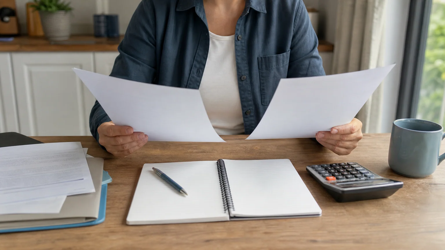 Une personne compare deux offres de crédit à la consommation avec un budget et une calculatrice.