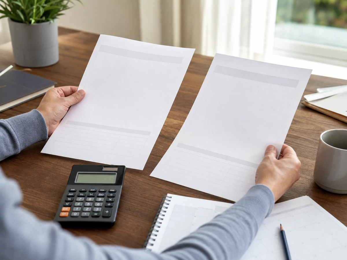 Deux offres de crédit sont comparées avec une calculatrice et un calendrier.
