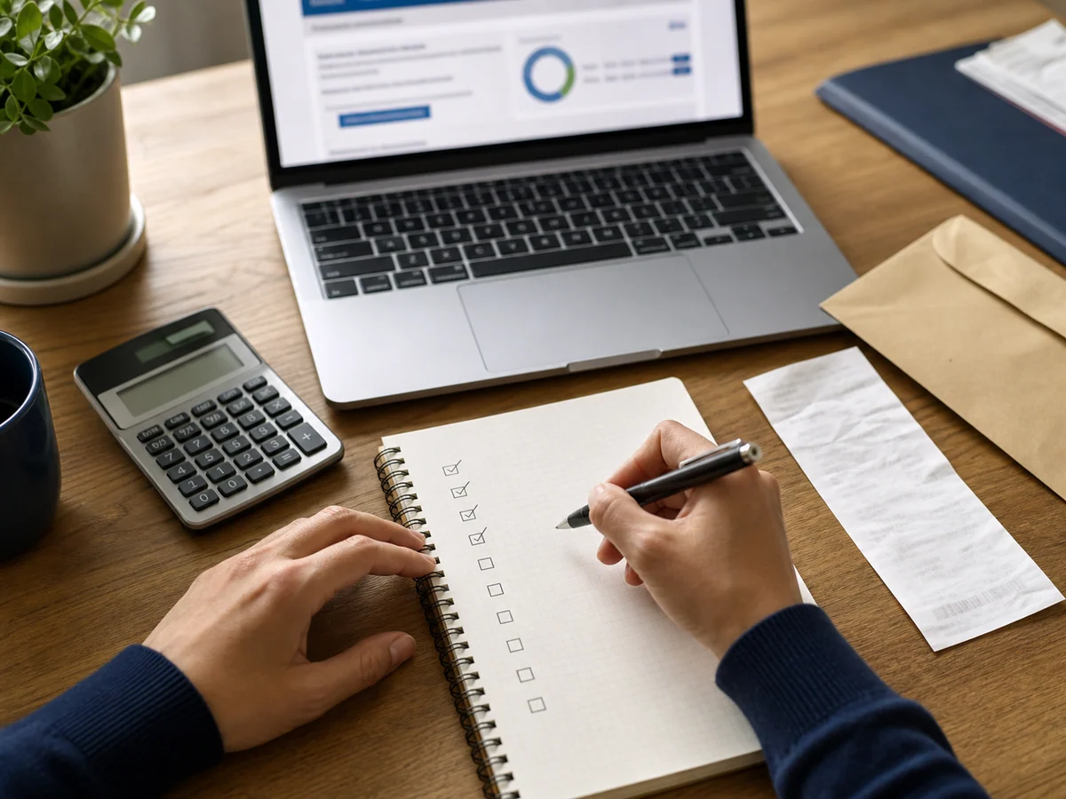 Une personne vérifie une liste de questions sur le crédit à la consommation.