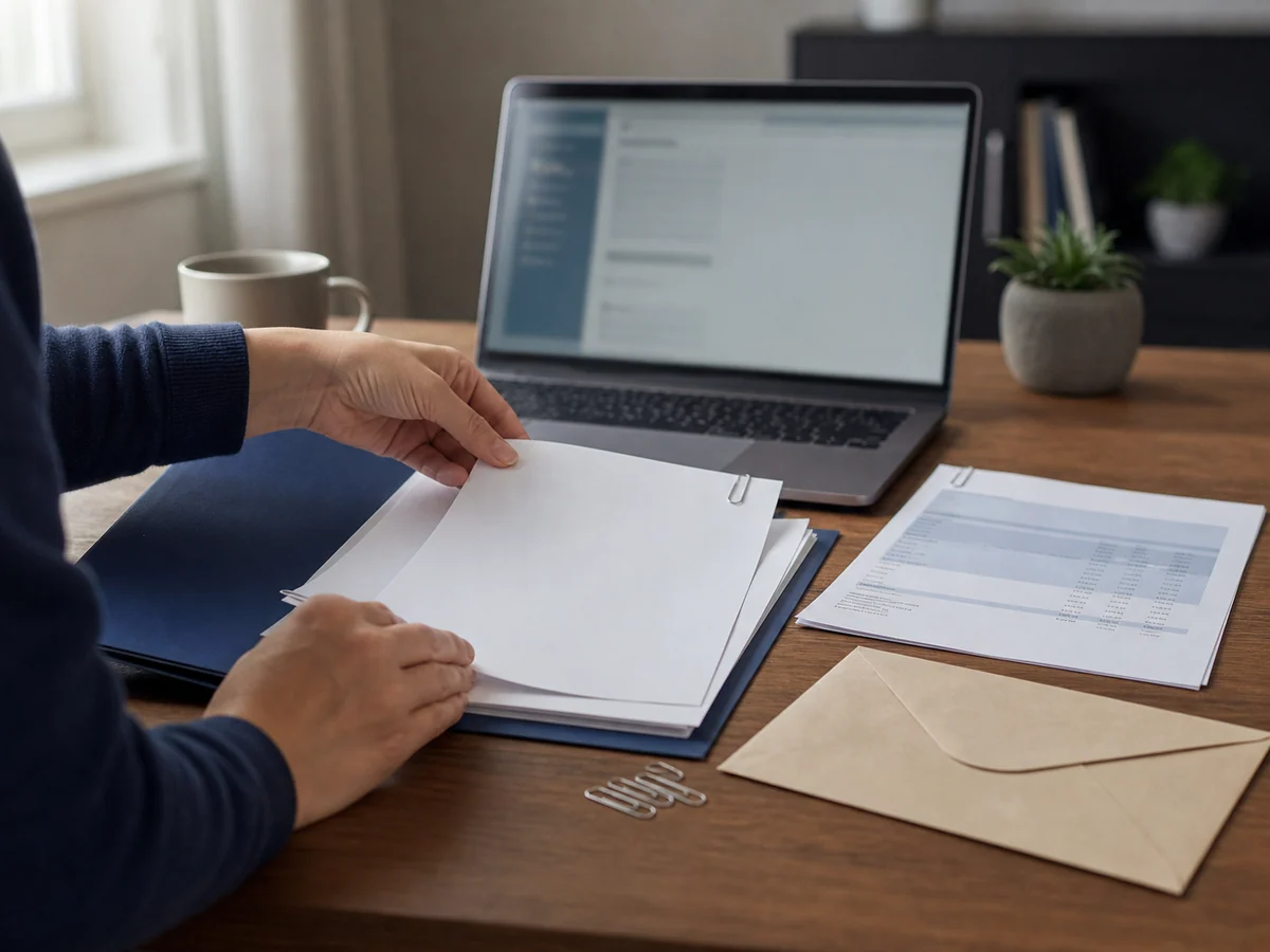 crédit à la consommation — une personne rassemble les pièces nécessaires à une réclamation sur un crédit.