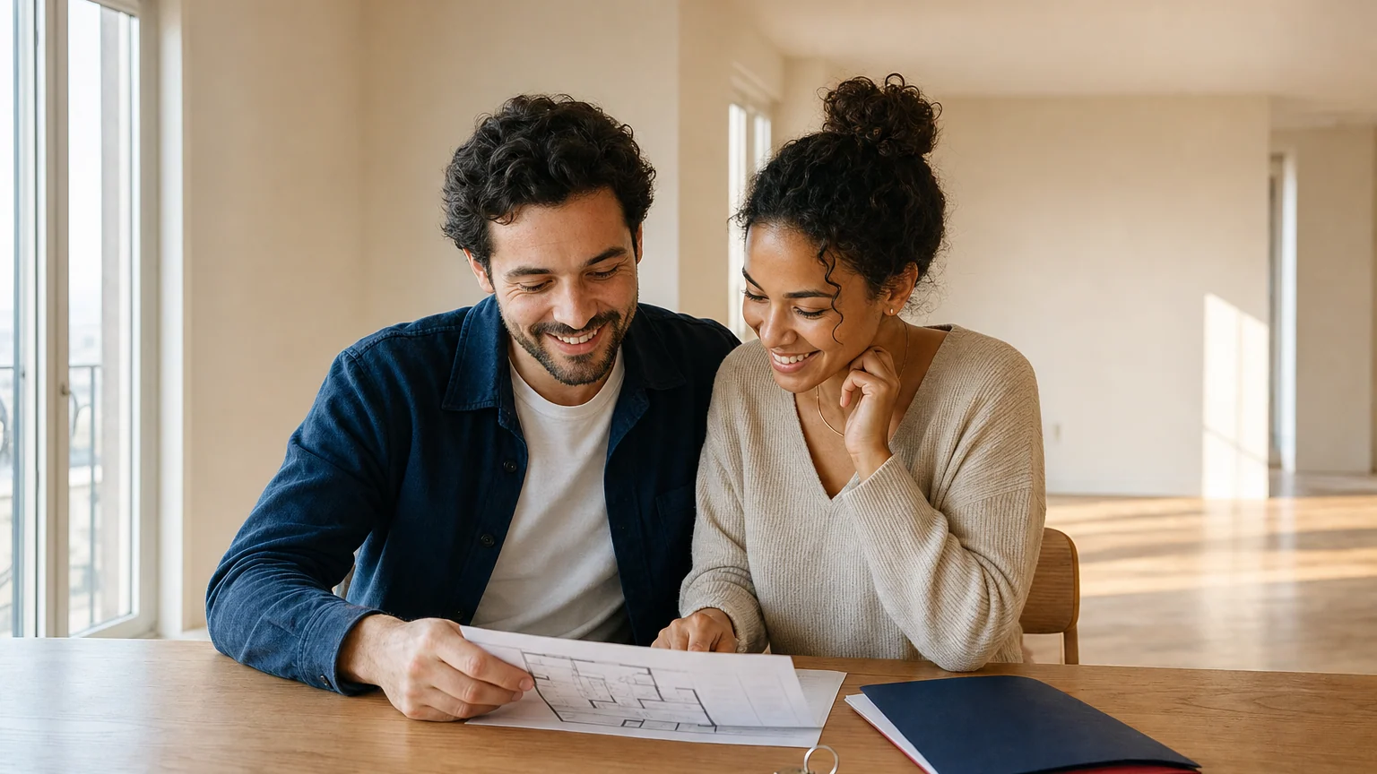 Un couple étudie son projet de crédit immobilier dans son futur logement.