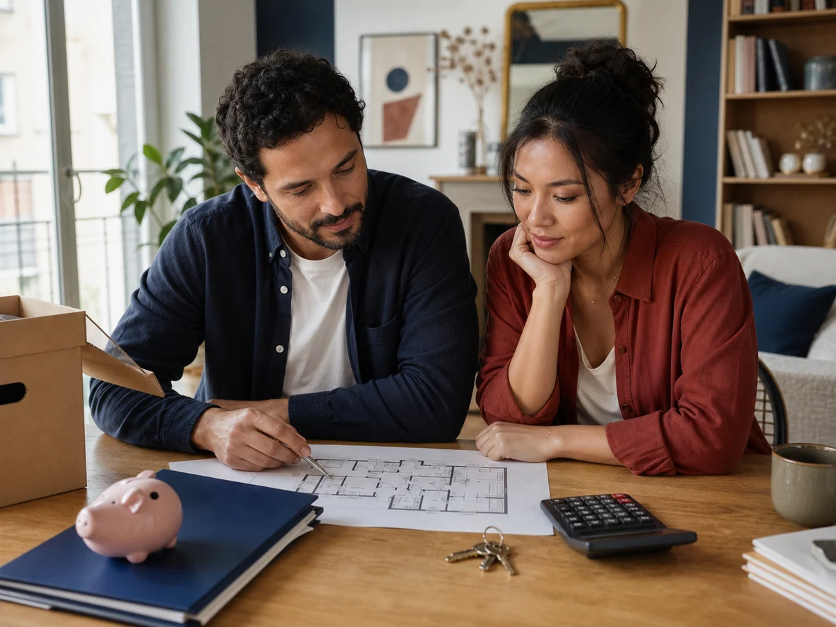 Un couple chiffre son projet immobilier avec un plan, une calculatrice et des clés.