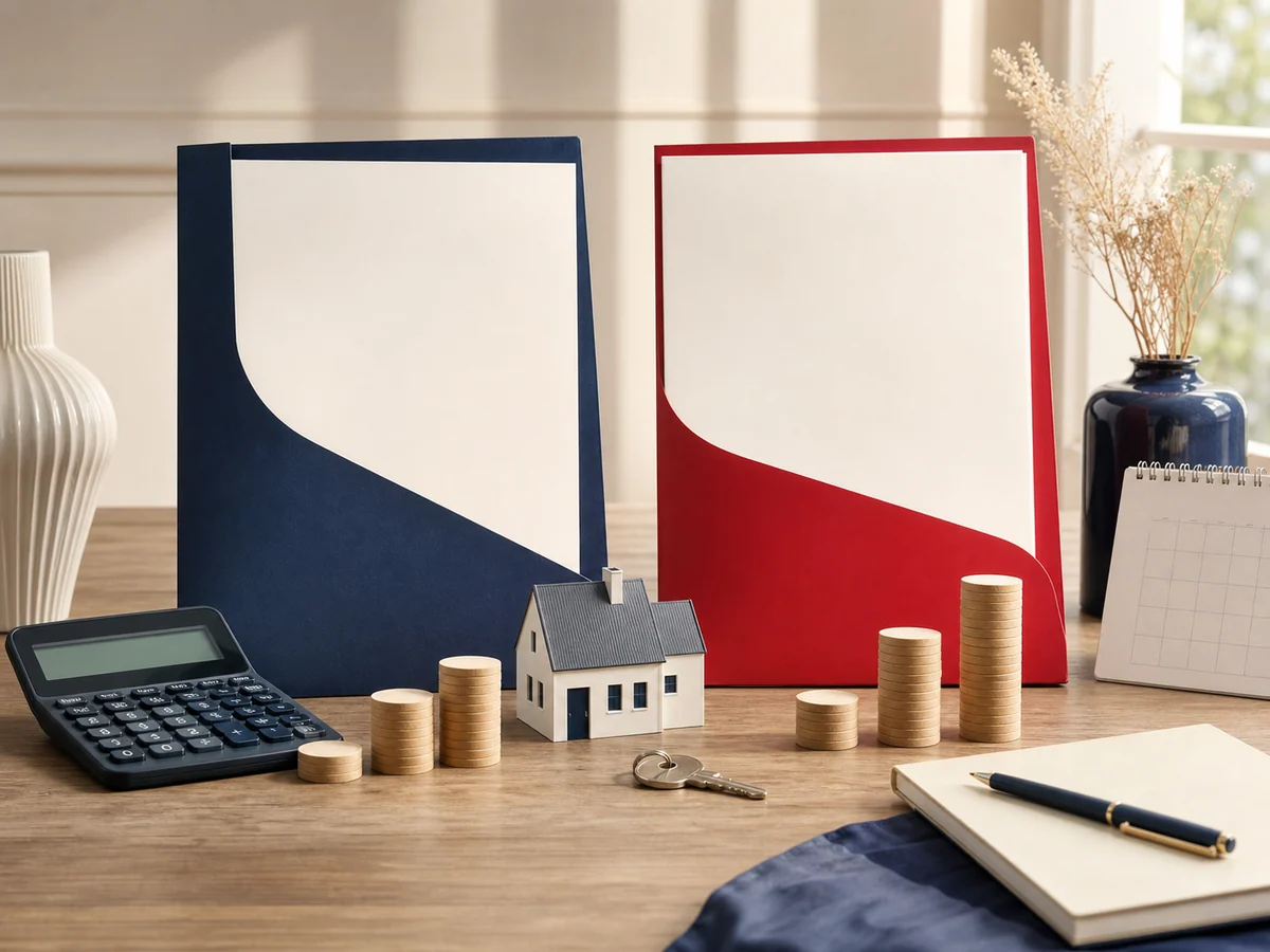 Deux offres de crédit immobilier sont comparées avec une maison, des clés et une calculatrice.