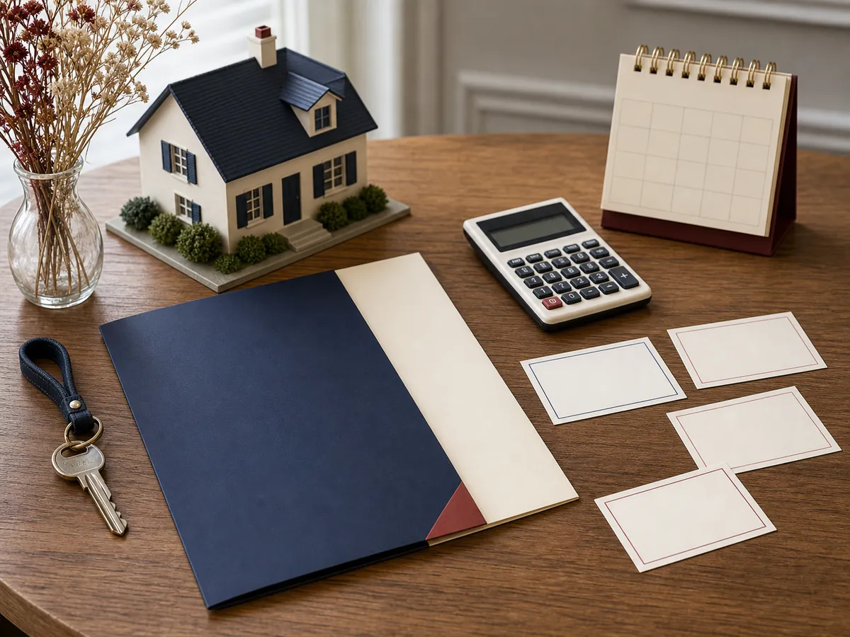 crédit immobilier — une maison, un dossier, une calculatrice et des cartes vierges représentent les questions sur le crédit immobilier.