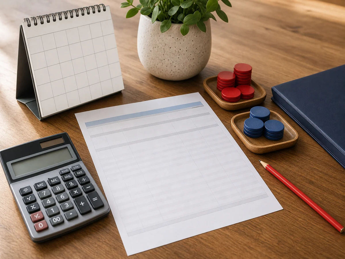 découvert bancaire — une calculatrice et deux groupes de jetons décomposent intérêts et frais de découvert.