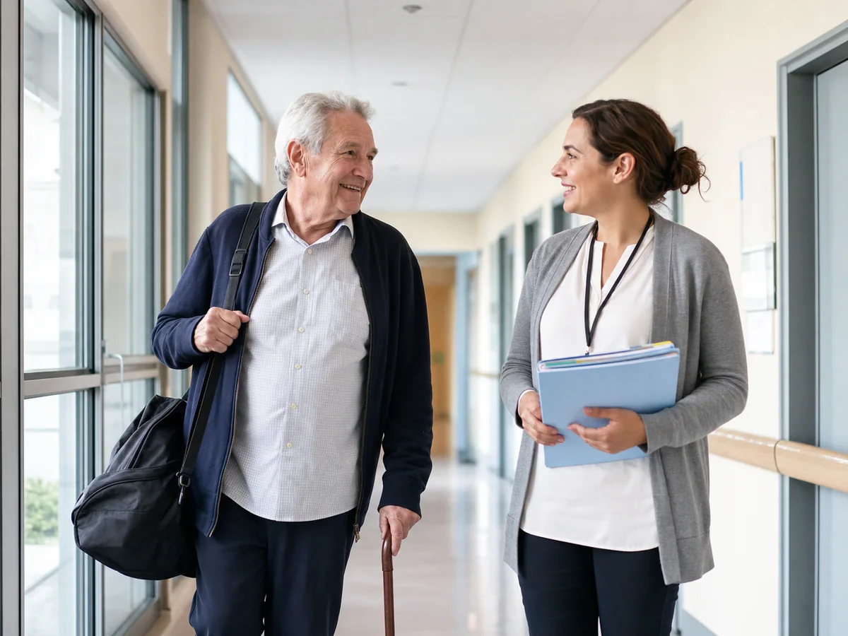 Hospitalisation et soins à domicile — Organiser la sortie et demander de l'aide : À la sortie, l'établissement vous remet un bon de sortie.