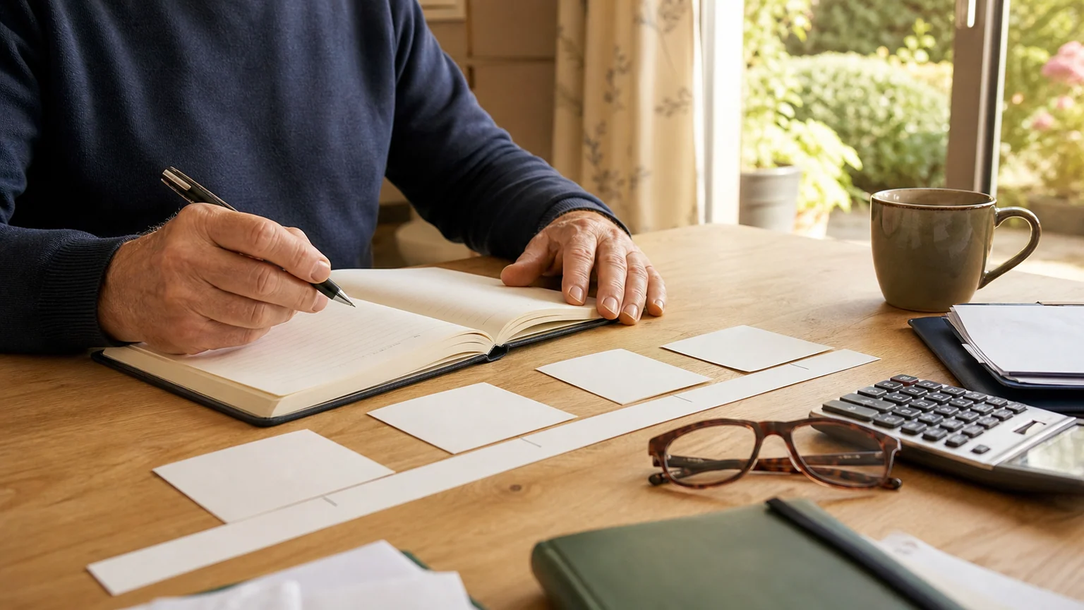 Une personne prépare son épargne retraite à l’aide d’un carnet, d’un calendrier et d’une calculatrice.