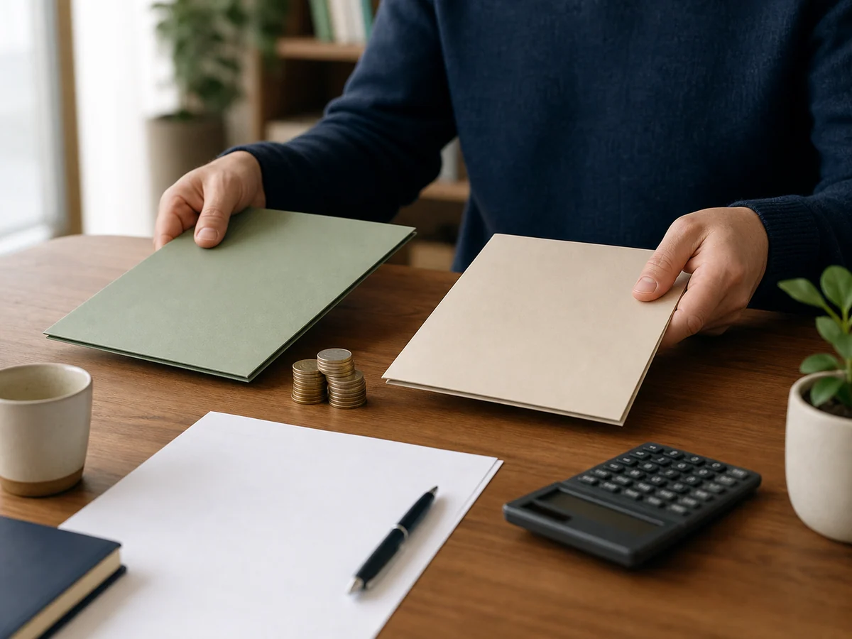 plan d'épargne retraite (PER) individuel — une personne compare deux choix fiscaux avec des dossiers et une calculatrice.