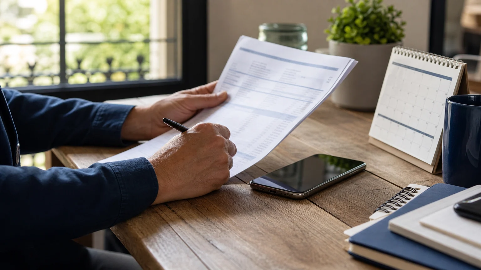 Une personne vérifie un relevé bancaire et le calendrier de ses prélèvements.