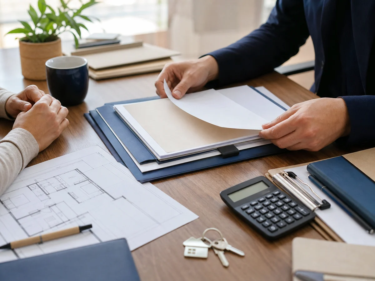 Un dossier de prêt à taux zéro est organisé avec les plans et les justificatifs du logement.