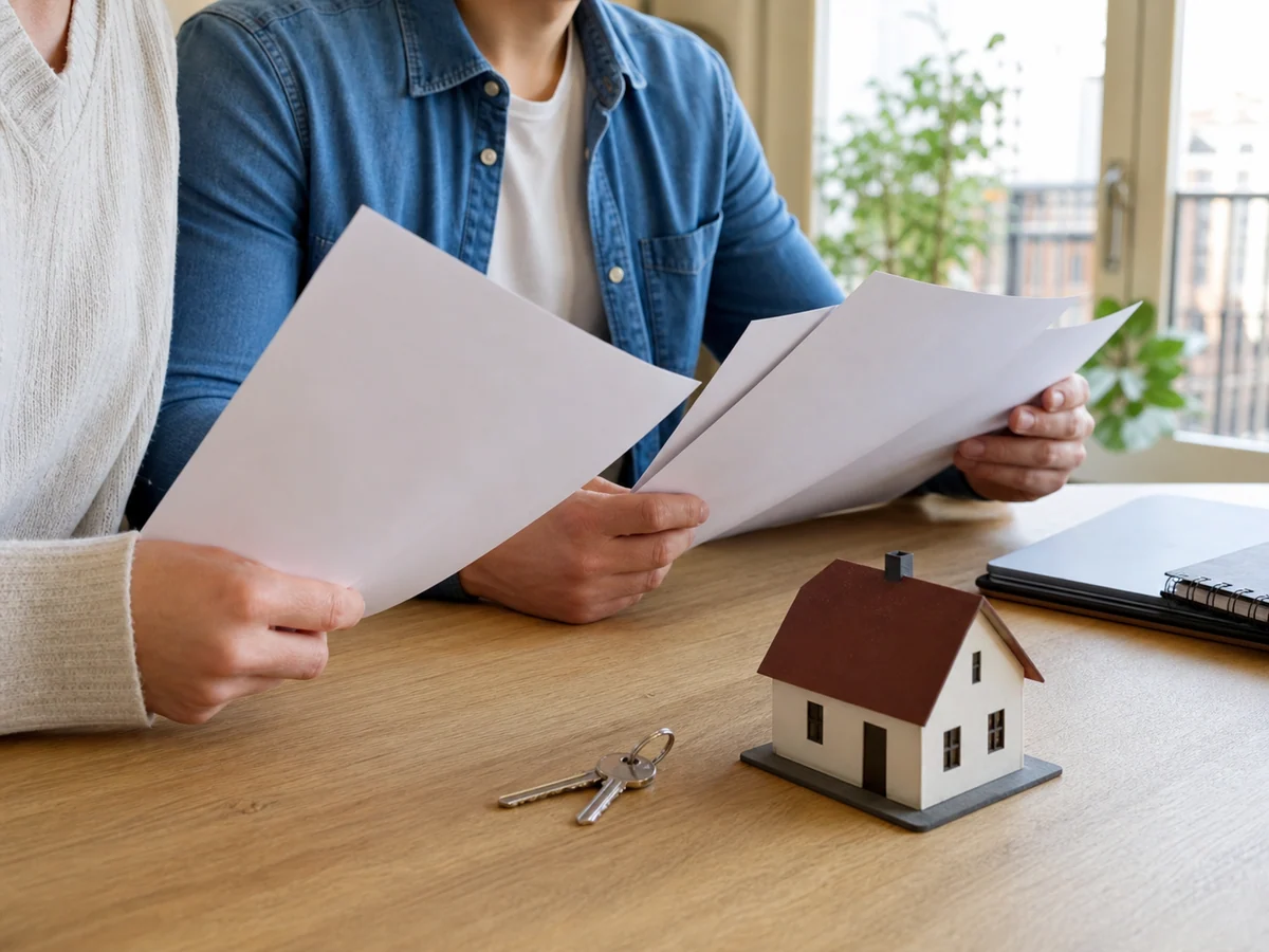 Des acquéreurs vérifient leur éligibilité au prêt à taux zéro autour d’un dossier immobilier.