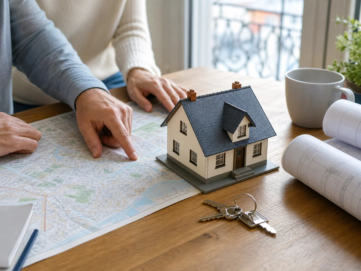 prêt à taux zéro (PTZ) — une personne situe un projet immobilier à l’aide d’un plan, d’une maison et de clés.