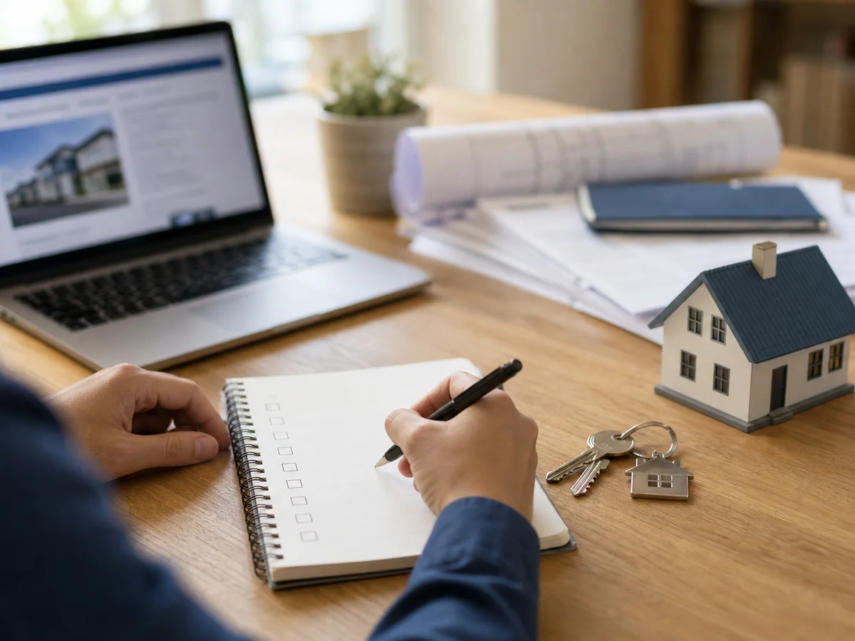 Une personne prépare ses questions sur le prêt à taux zéro devant un projet de logement.