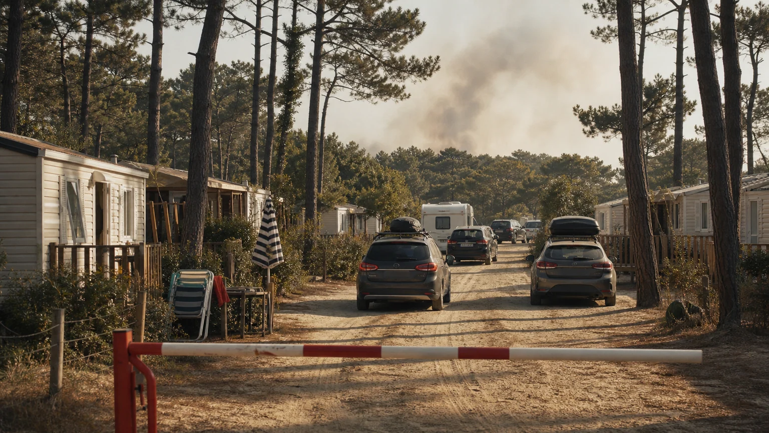Des voitures quittent un camping sous les pins en Gironde, tandis qu'une fumée lointaine se lève derrière la forêt.