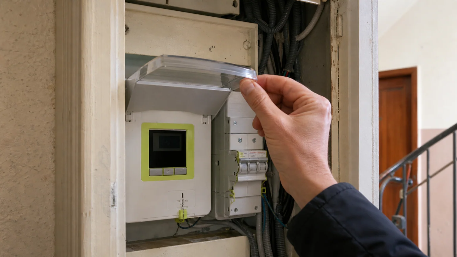 Une main soulève le capot transparent d’un compteur électrique résidentiel dans le coffret d’un immeuble français.