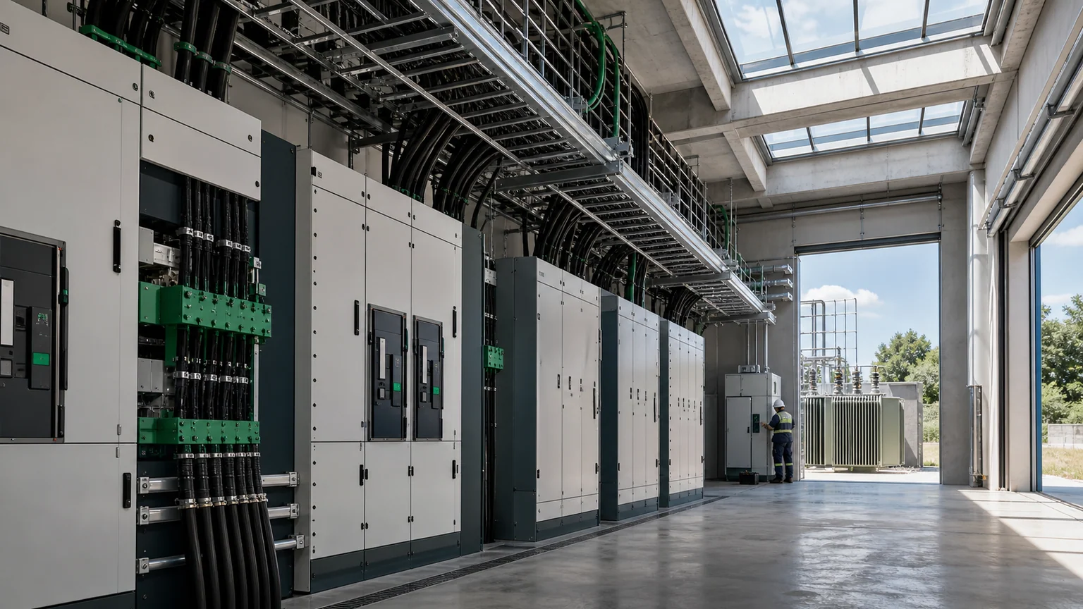 Illustration d'un hall technique lumineux avec armoires électriques, câbles de puissance et un technicien au travail au second plan.