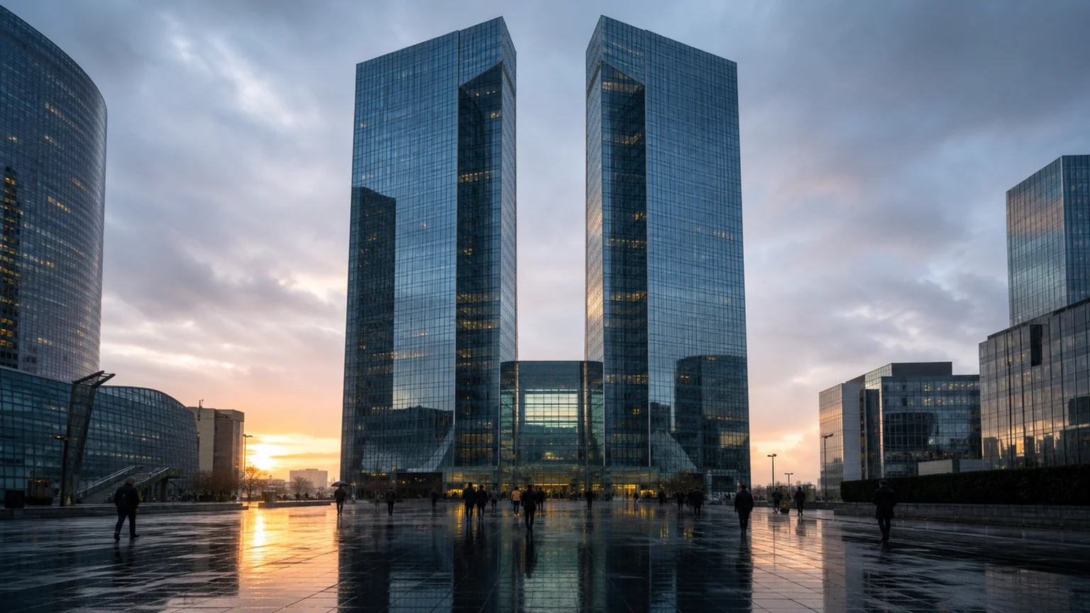 Illustration éditoriale des tours jumelles de Société Générale à La Défense, au petit matin, avec des passants sur le parvis mouillé.