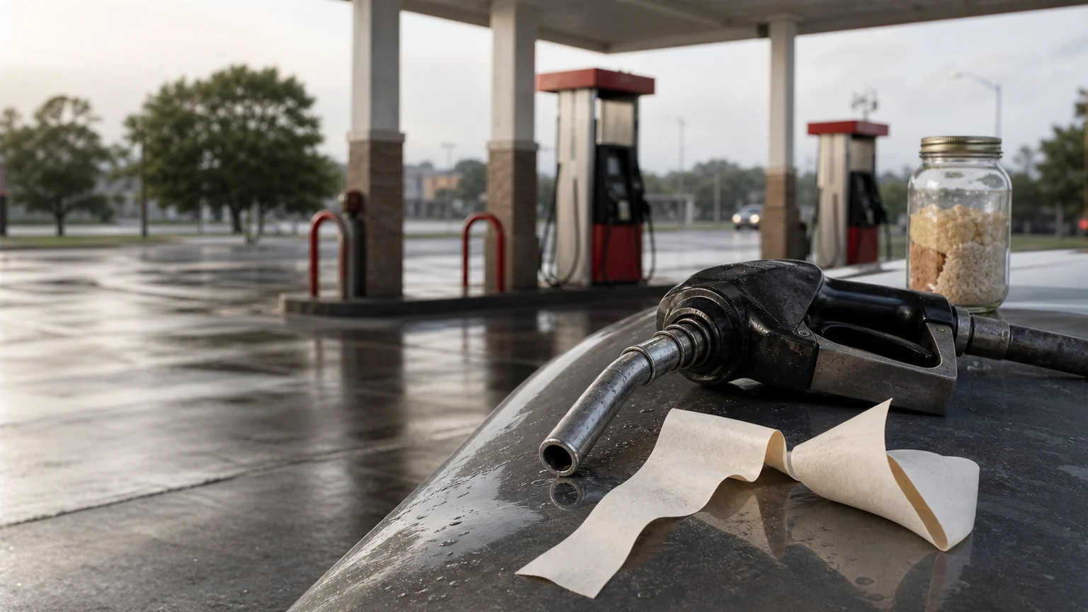 Pistolet de pompe à essence et ticket vierge sur le capot d’une voiture, dans une station-service américaine non identifiée.