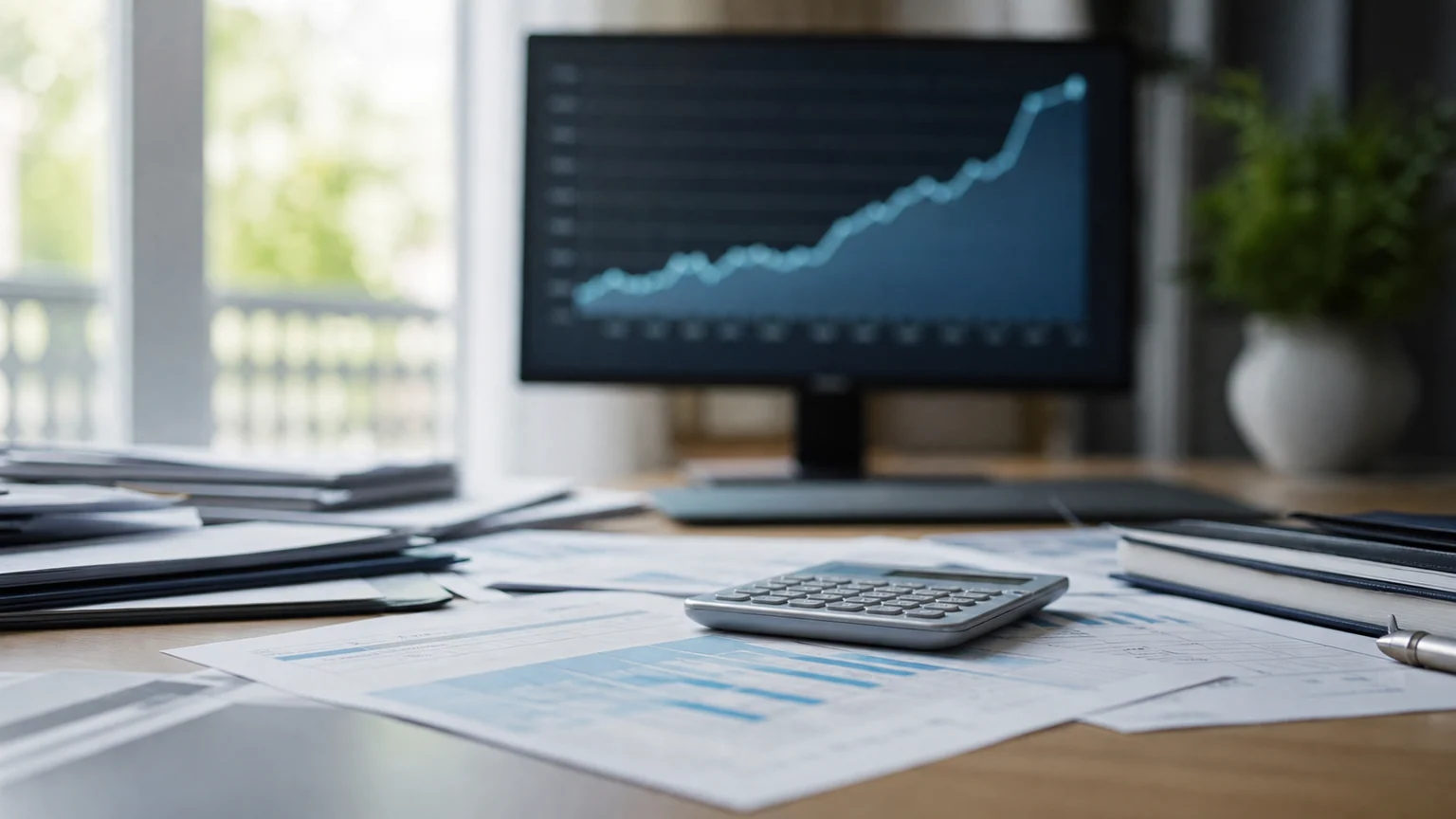 Sur un bureau, une calculatrice et des documents financiers flous devant un écran montrant une courbe ascendante sans données lisibles.