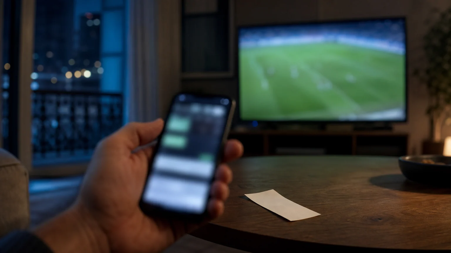 Main tenant un smartphone flou devant une télévision montrant un terrain de football indistinct, avec un ticket vierge sur une table de salon.