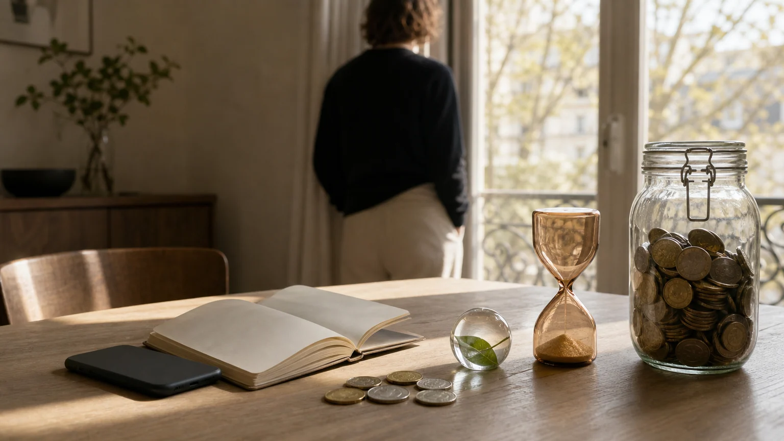 Sur une table, un livret vierge, des pièces en euros, un sablier presque écoulé et un bocal fermé évoquent les conditions de durée d'un livret bancaire promotionnel.