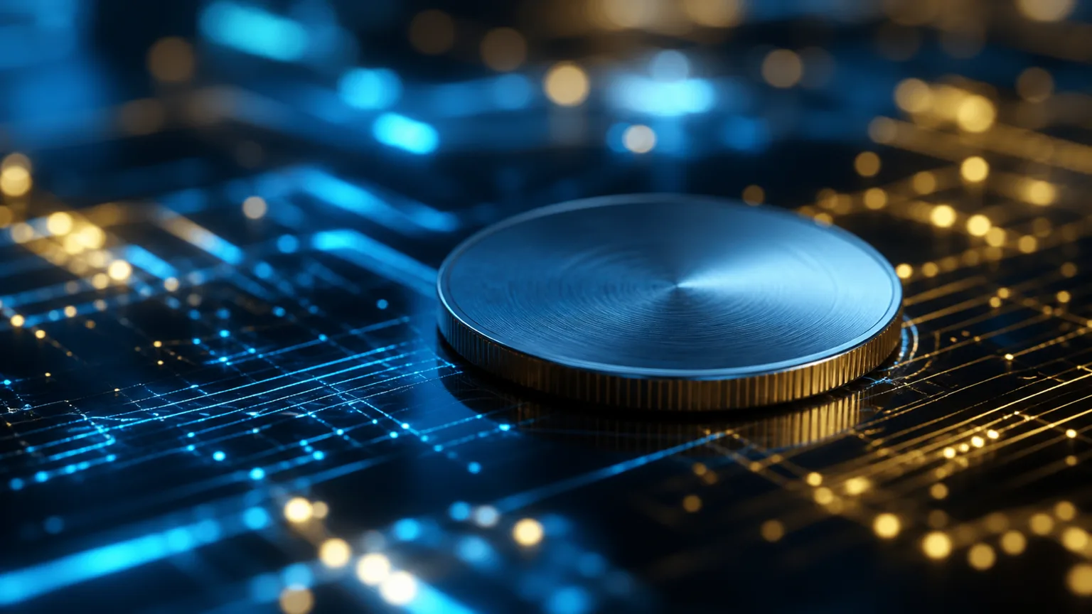 Macro abstraite d'un disque métallique vierge sur des motifs lumineux bleus et dorés, évoquant la finance numérique encadrée.