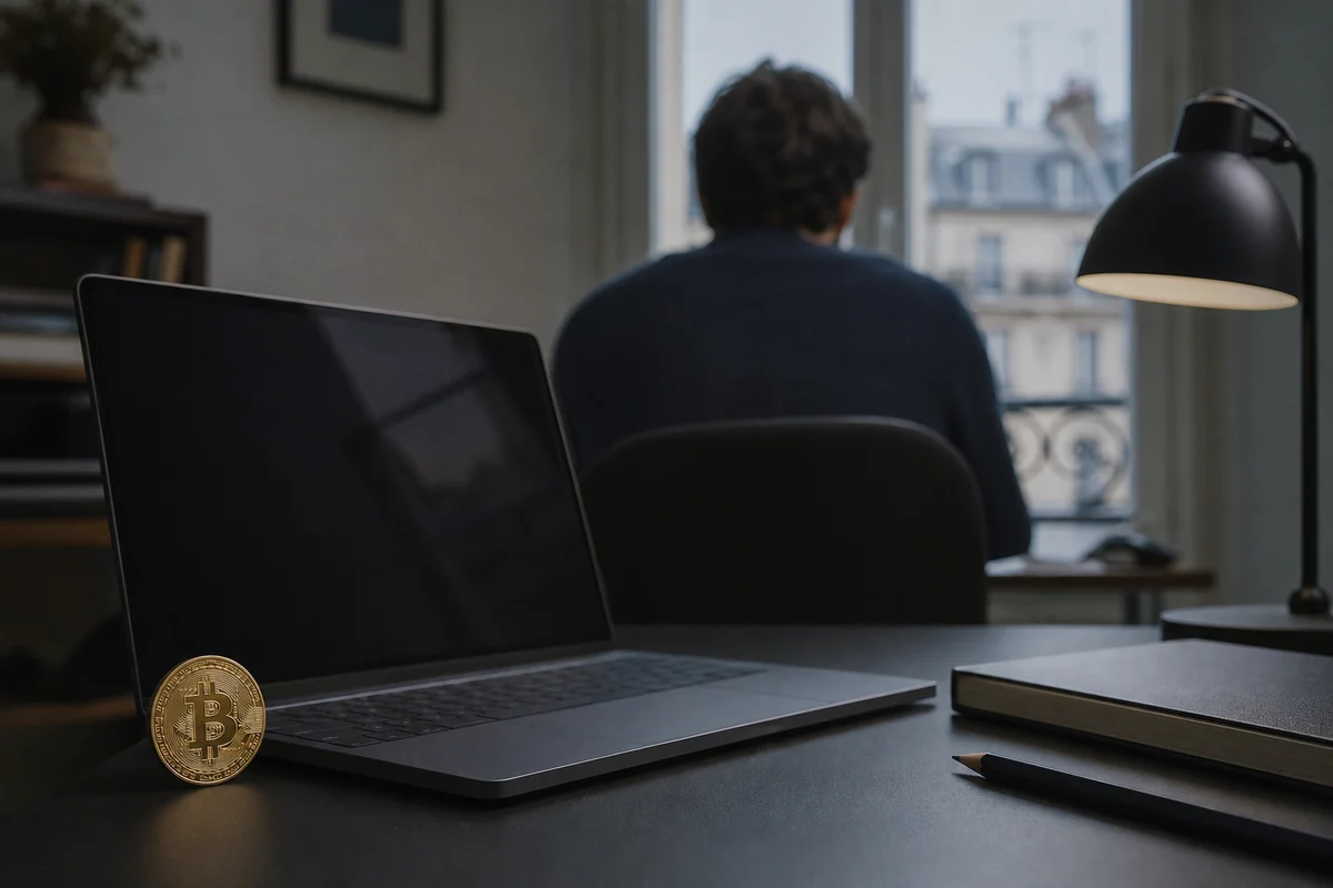 Jeton Bitcoin portant le symbole ₿ devant un ordinateur à écran éteint, dans un bureau français.