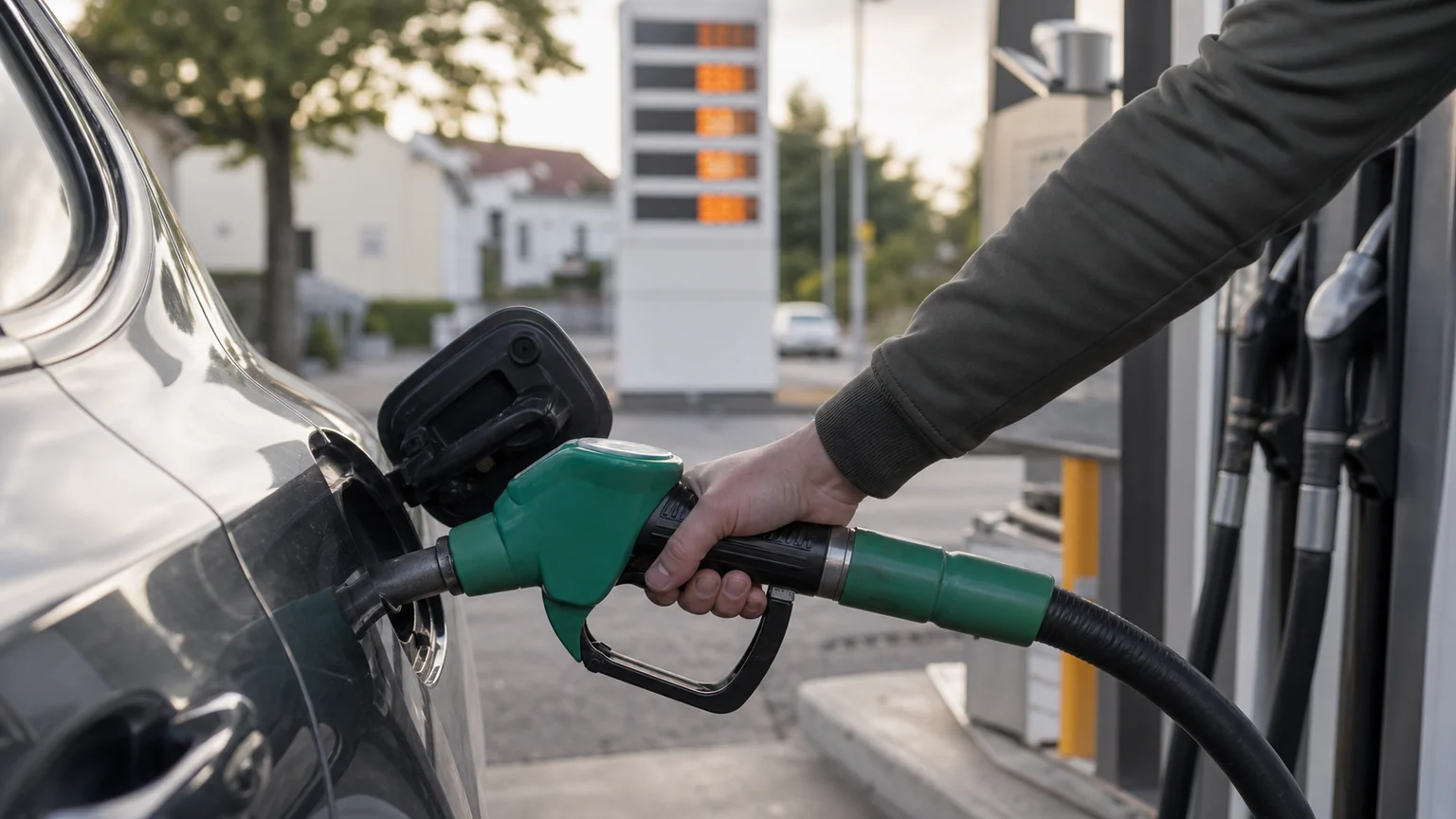 Main tenant un pistolet de distribution pour ravitailler une voiture dans une station-service française non identifiée.
