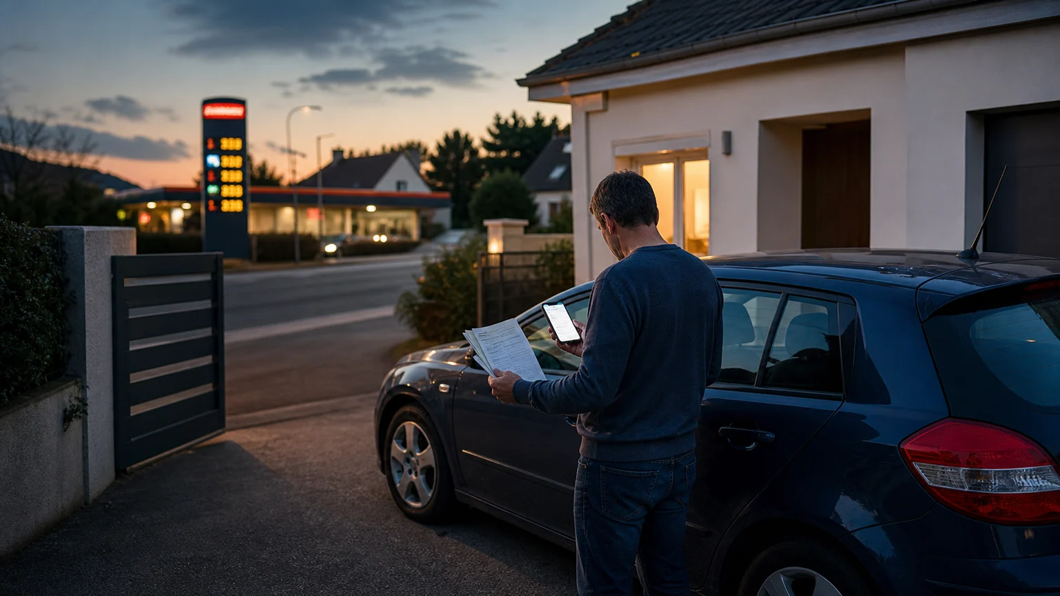 Un automobiliste consulte son téléphone et sa carte grise près de sa voiture, avec une station-service française en arrière-plan.