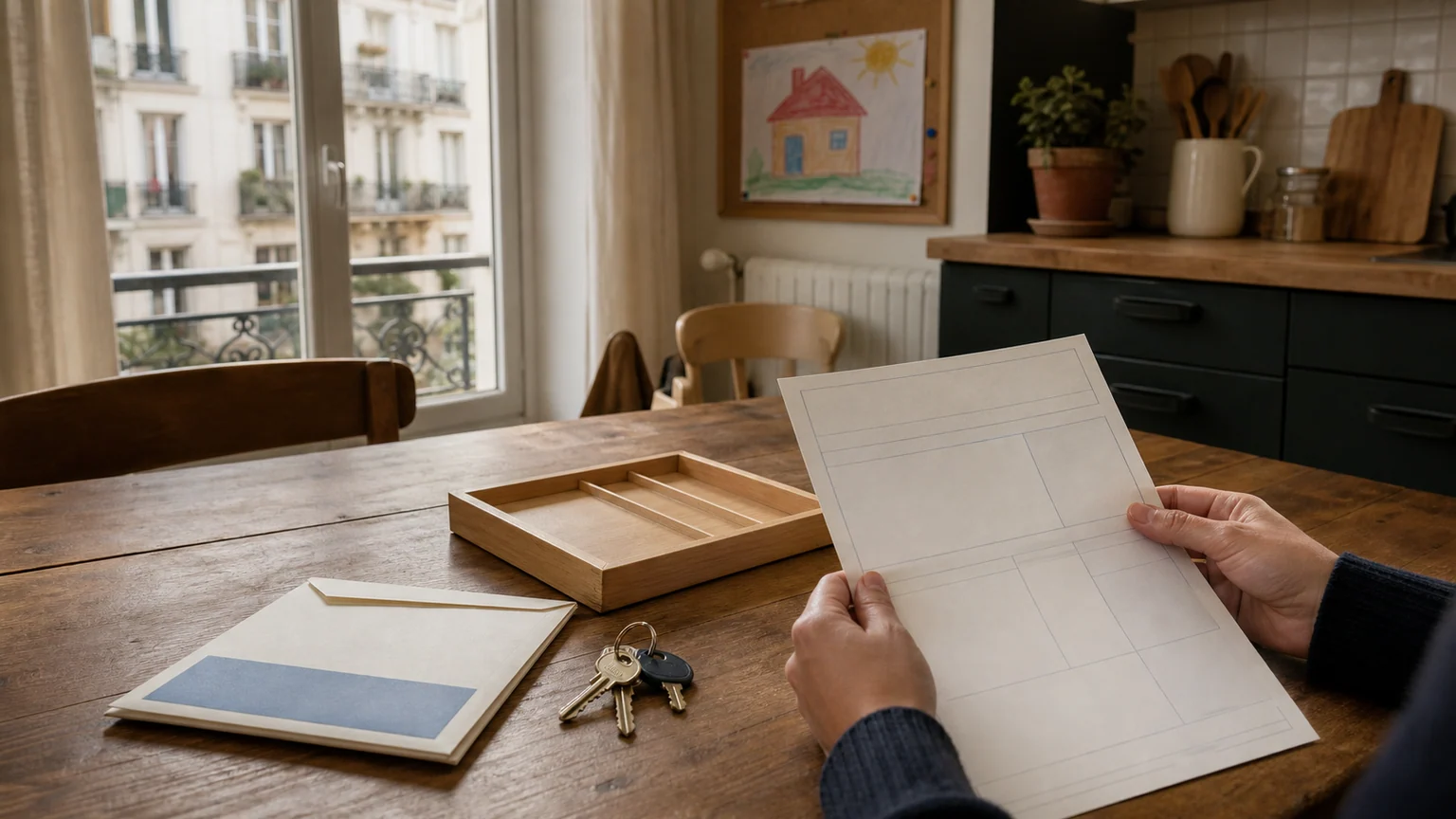 Des mains consultent une fiche de paie vierge sur une table de cuisine française, avec une enveloppe et des clés de logement.