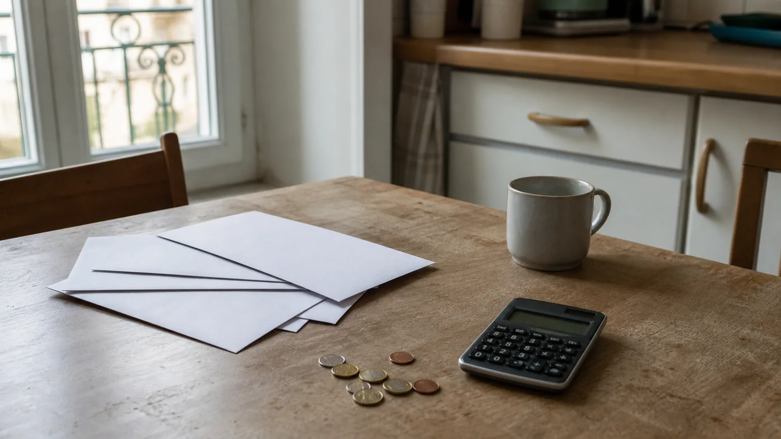 Une table de cuisine avec une calculatrice, des pièces en euros et des papiers retournés, évoquant le calcul des intérêts d’épargne.