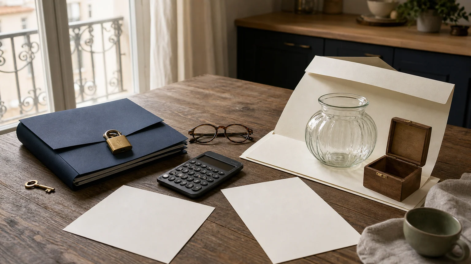Sur une table de cuisine, une pochette bleue fermée par un cadenas fait face à une pochette ivoire ouverte avec un bocal d'épargne, pour illustrer le choix entre PER et assurance-vie.