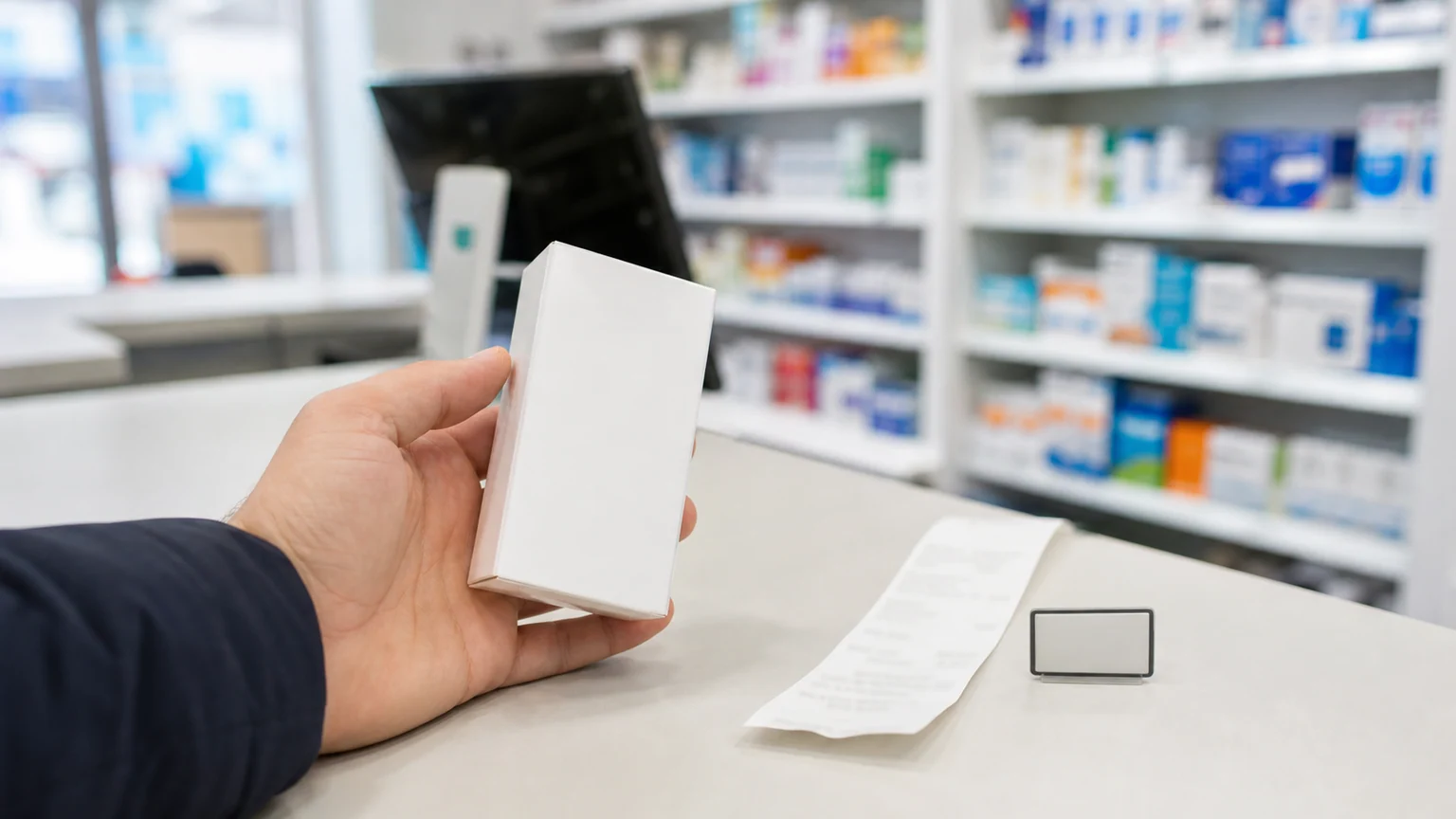 Une main tient une boîte blanche neutre de comprimés près d'un comptoir de pharmacie, avec un ticket illisible.