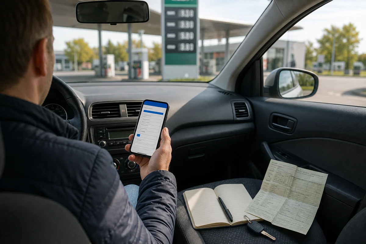 Dans une voiture à l'arrêt près d'une station-service, un automobiliste non identifiable remplit une démarche administrative sur son téléphone avec sa carte grise à portée de main.
