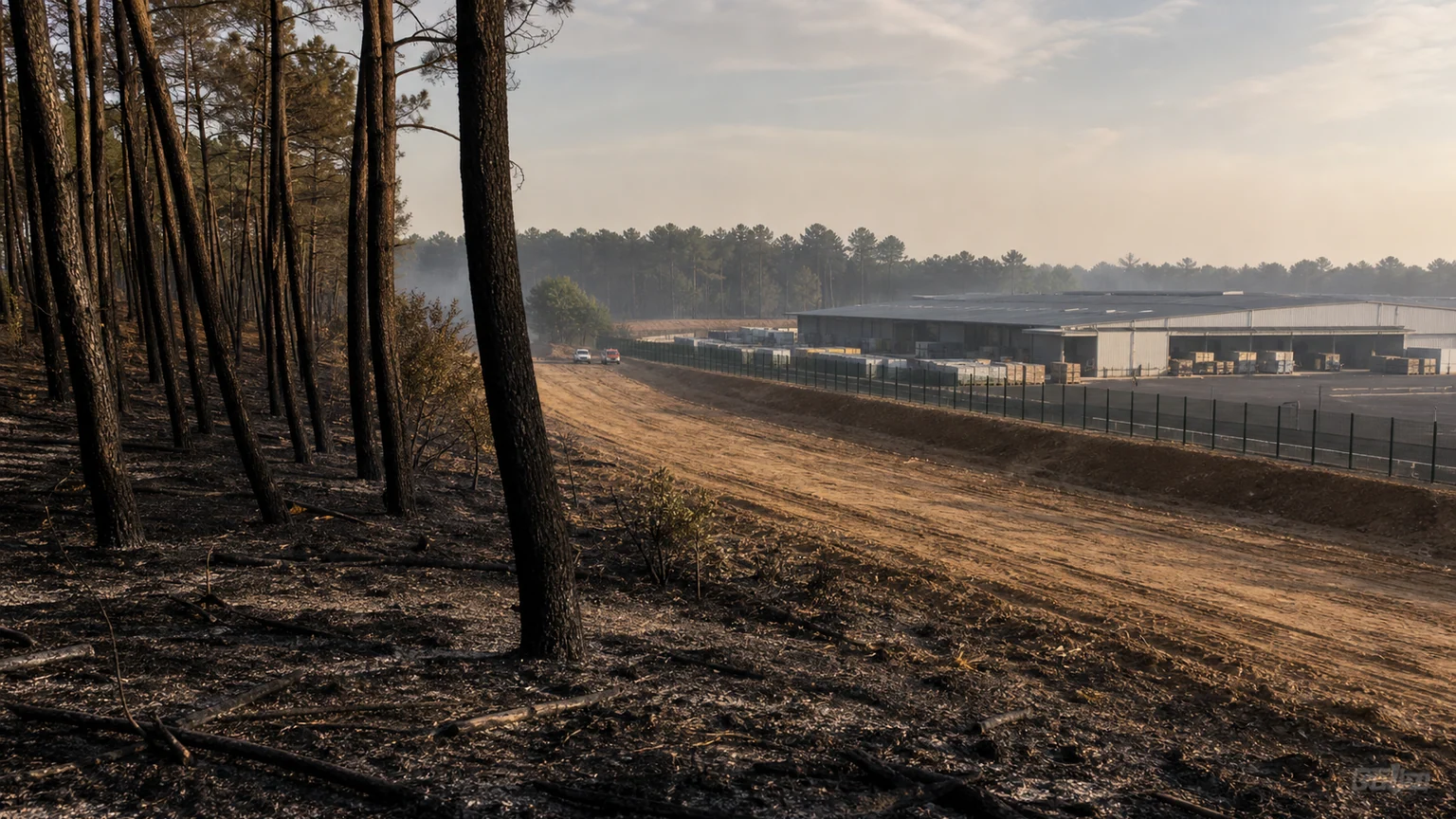Lisière de pins calcinés et pare-feu de terre nue devant une zone industrielle intacte, en Gironde.