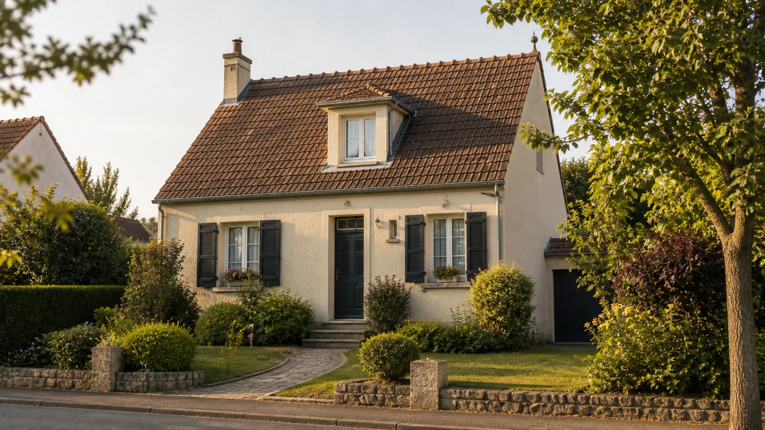 Maison individuelle française avec petit jardin sous une lumière de fin d’après-midi, pour illustrer la taxe foncière 2026.