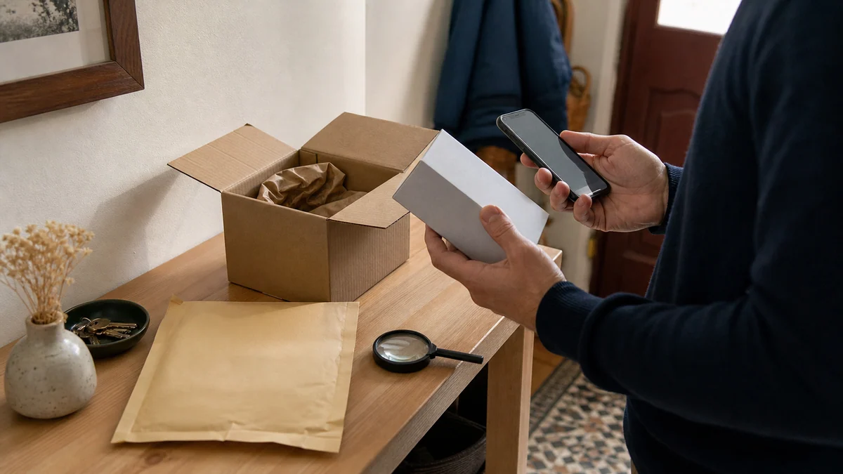 Un acheteur vérifie un produit générique et son colis ouvert sur une table d'entrée, téléphone en main.