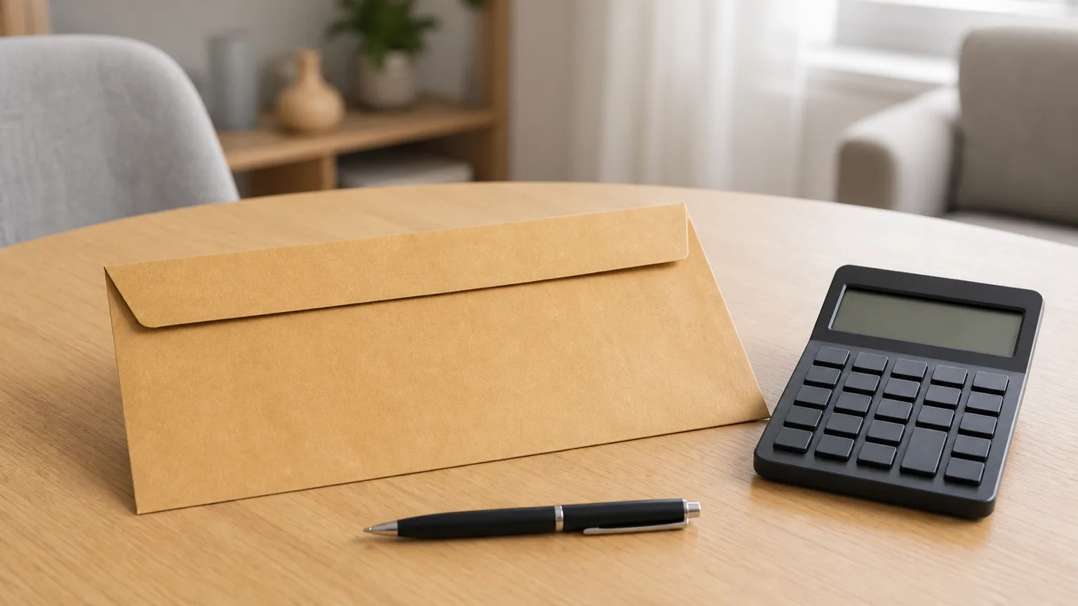 Enveloppe administrative kraft, calculatrice sans marque et stylo posés sur une table claire, évoquant un avis d'impôt reçu.