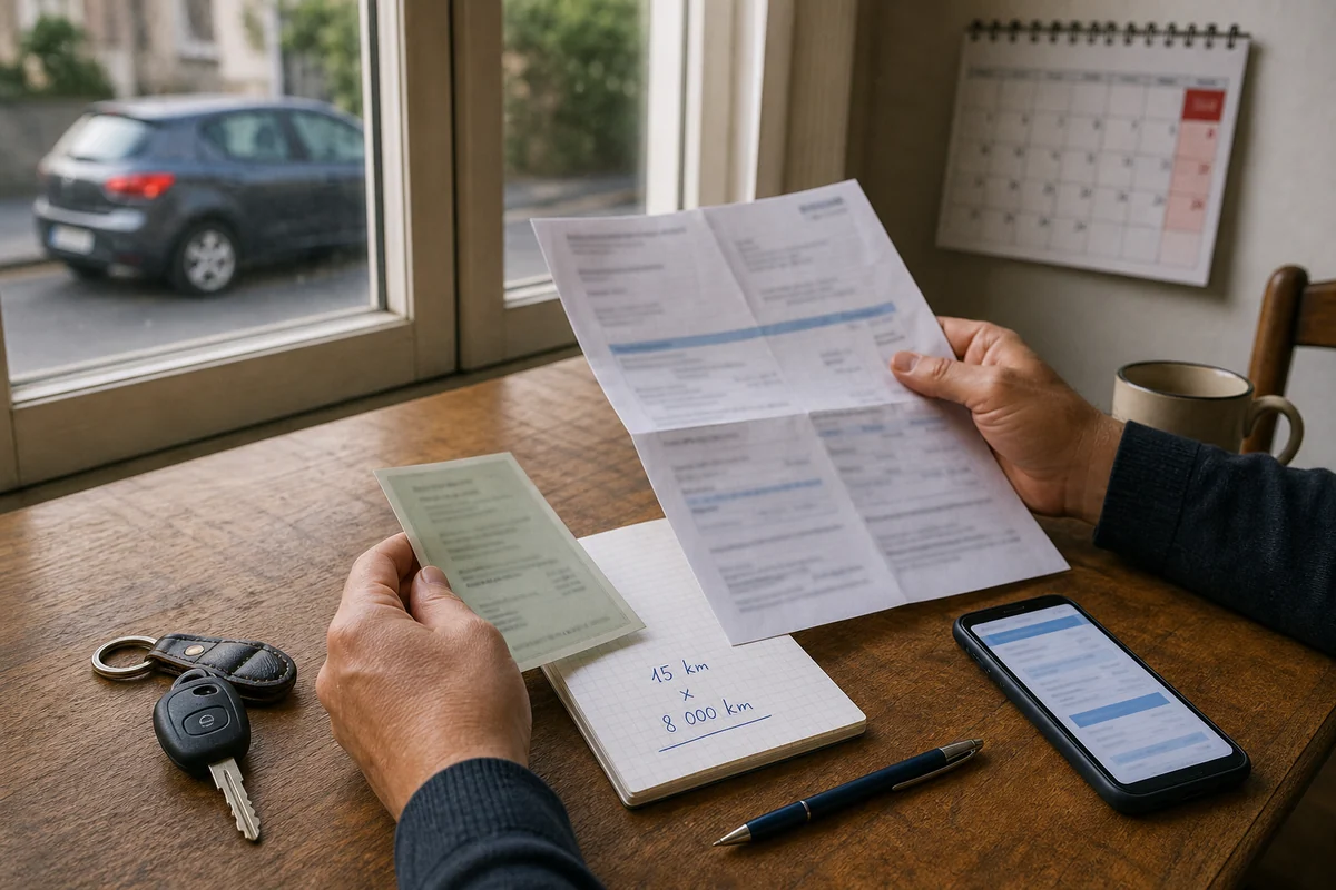 Des mains trient un avis d'impôt, une carte grise, des clés et un calcul de kilométrage sur une table, une voiture étant visible dehors.