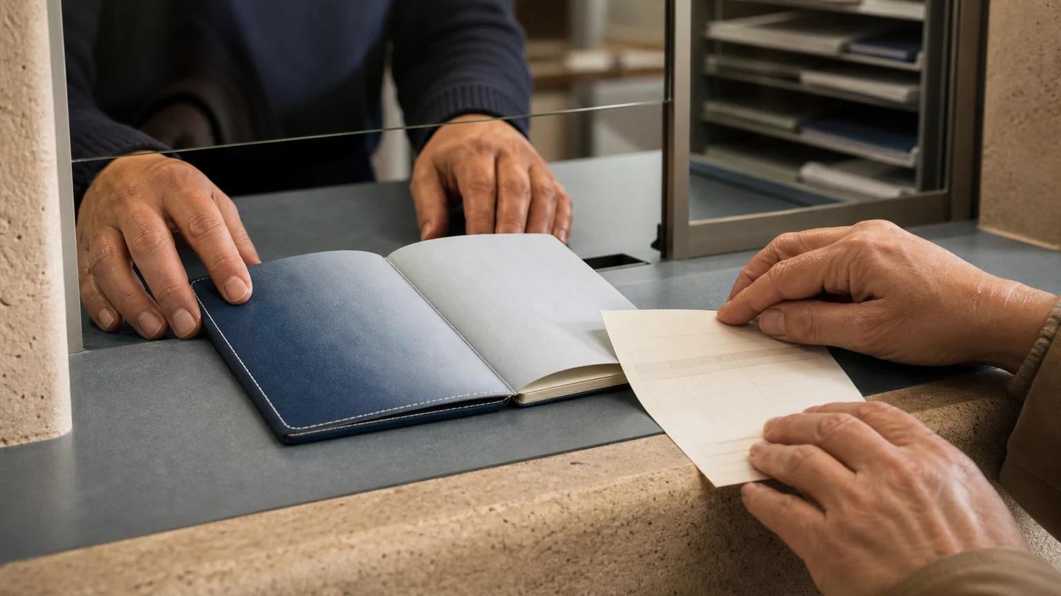 Un livret d’épargne bleu ouvert sur le comptoir d’une agence bancaire française, entre les mains anonymes d’un client et d’un agent.