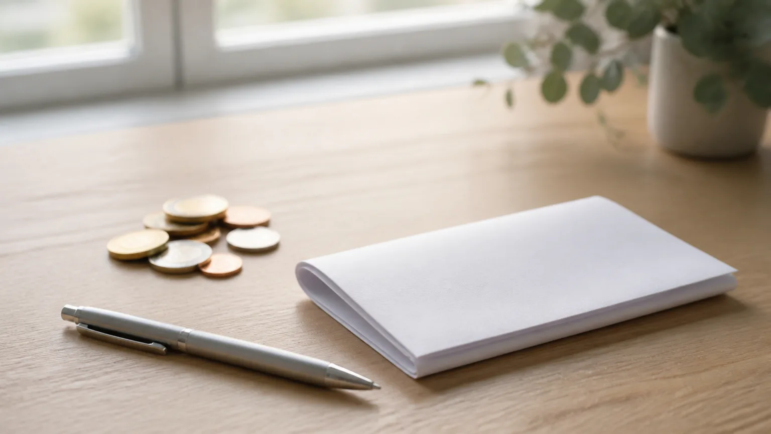 Pièces floutées, papier bancaire retourné et stylo sur une table claire, image symbolisant le contrôle des frais bancaires.