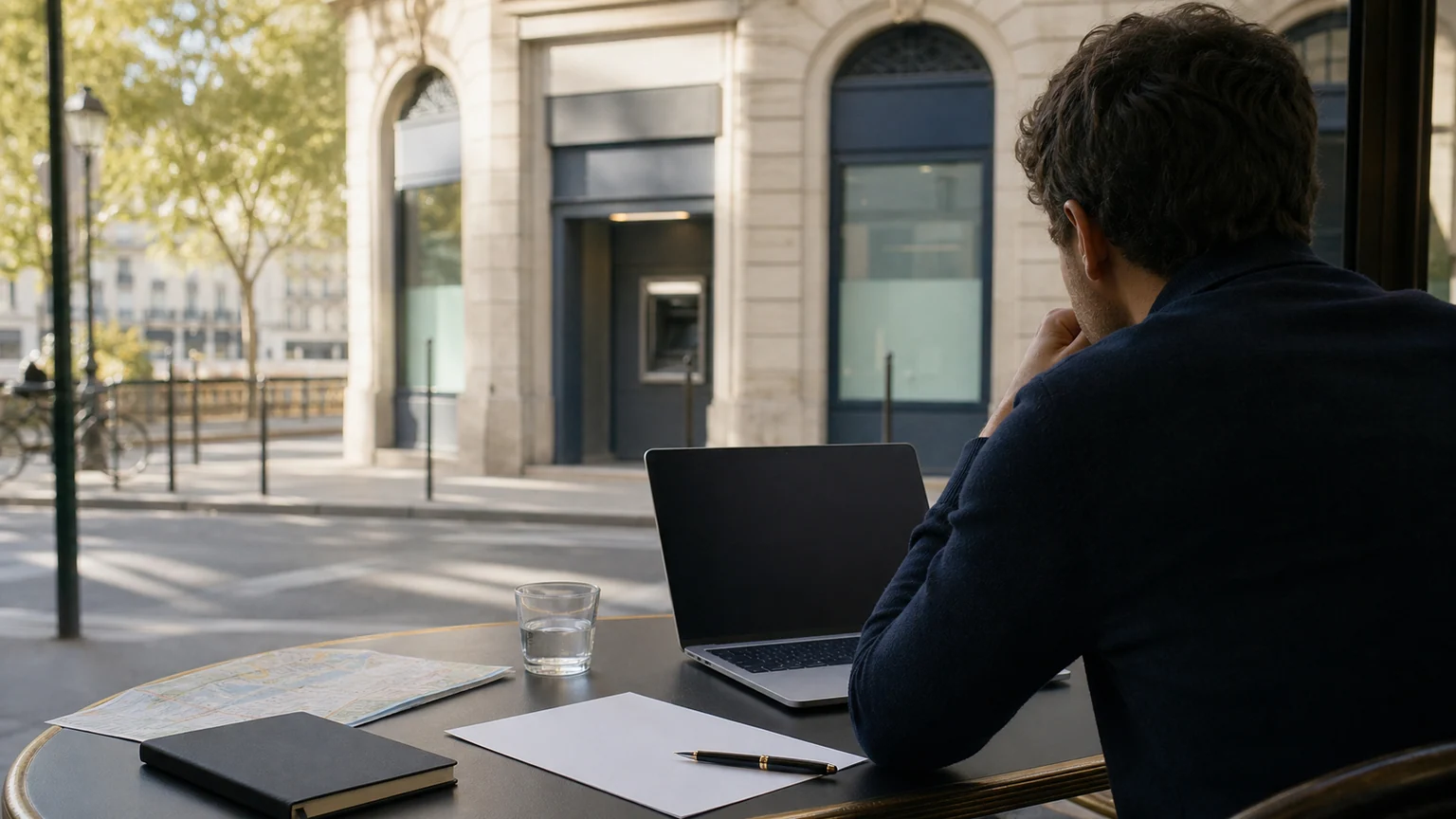 Candidate non identifiable devant son ordinateur, face à une agence bancaire française floue, pour illustrer la recherche d’emploi dans le secteur bancaire.