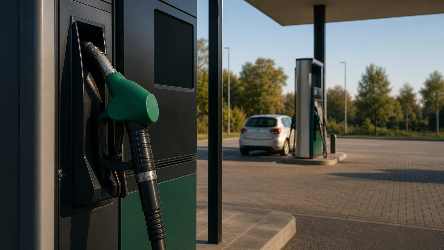 Pistolet vert accroché à une pompe sans marque dans une station-service européenne, avec un écran éteint et une voiture floue en arrière-plan.