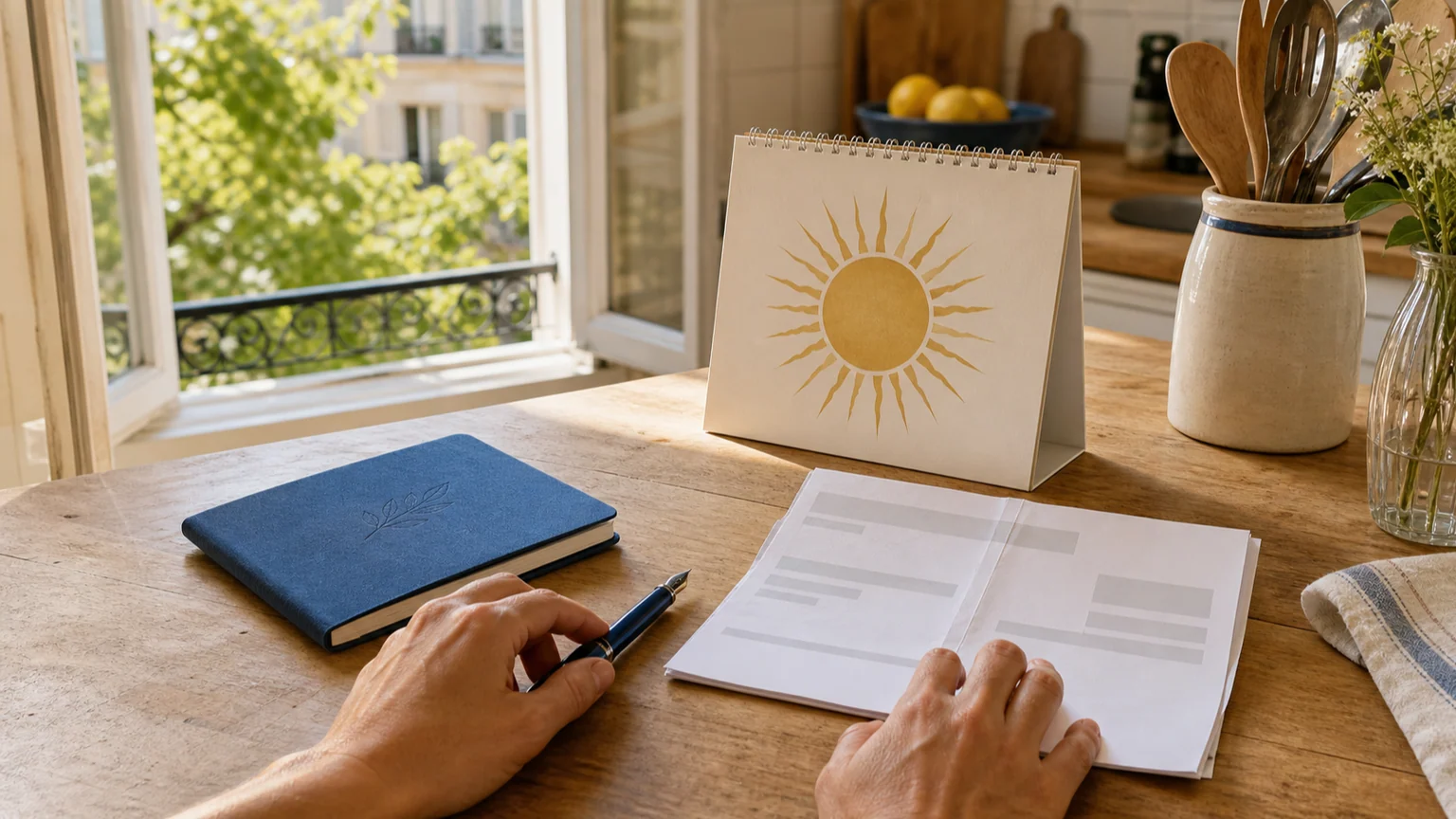 Sur une table de cuisine française, un livret d'épargne bleu, une facture d'électricité non lisible et un calendrier illustrent les changements de budget d'août.