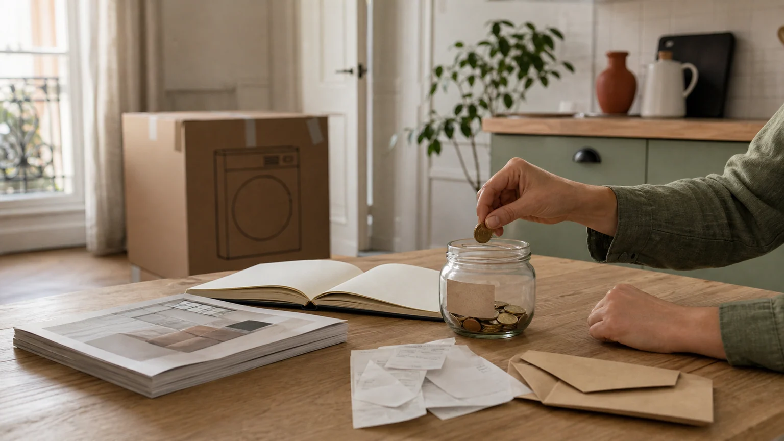 Des mains déposent une pièce dans un bocal d’épargne sur une table de cuisine ; un carton d’appareil ménager reste fermé à l’arrière-plan.