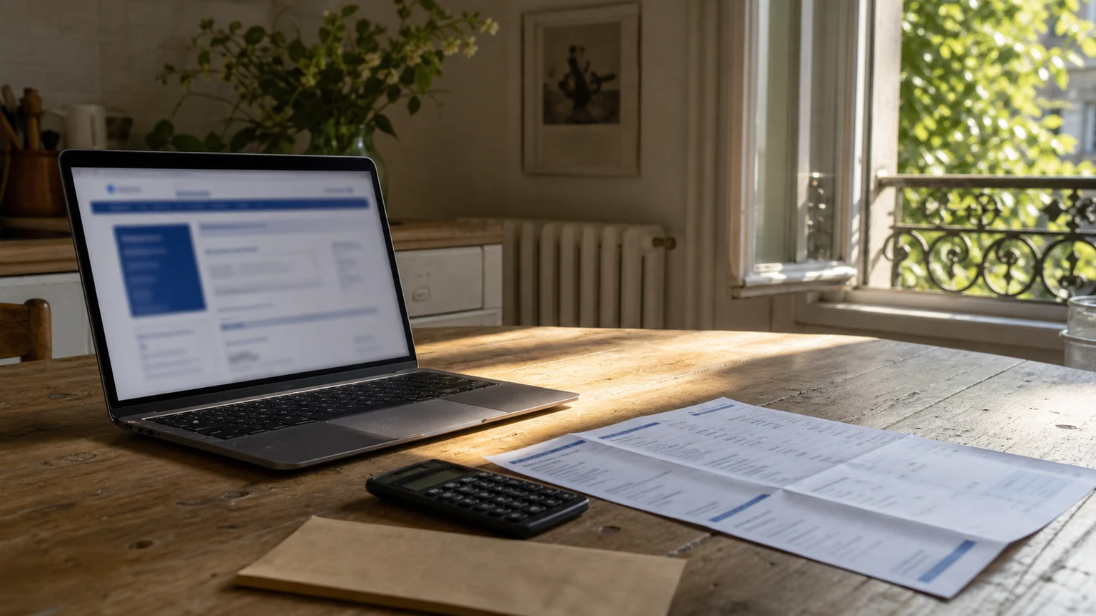 Sur une table de cuisine éclairée par le soleil, un ordinateur au contenu flouté fait face à un relevé bancaire, une calculatrice et une enveloppe.